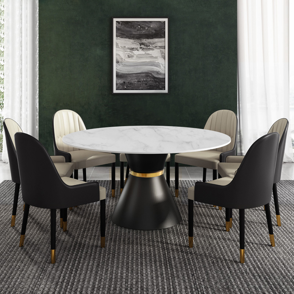 47.2" Round White Sintered Stone Dining Table Black Carbon Steel Base