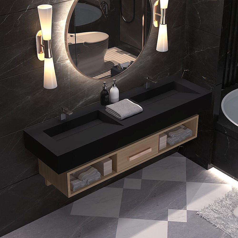 

47" Wall-Hang Stone Resin Rectangle Bathroom Ramped Sink in Matte Black without Cabinet