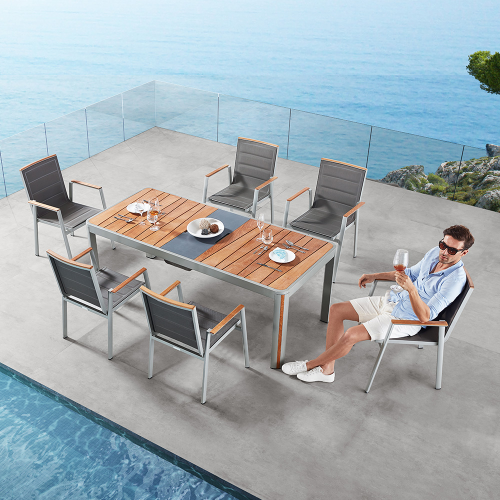 

7-Pieces Outdoor Dining Set with Rectangle Teak Wood-Top Table and 6 Side Chairs