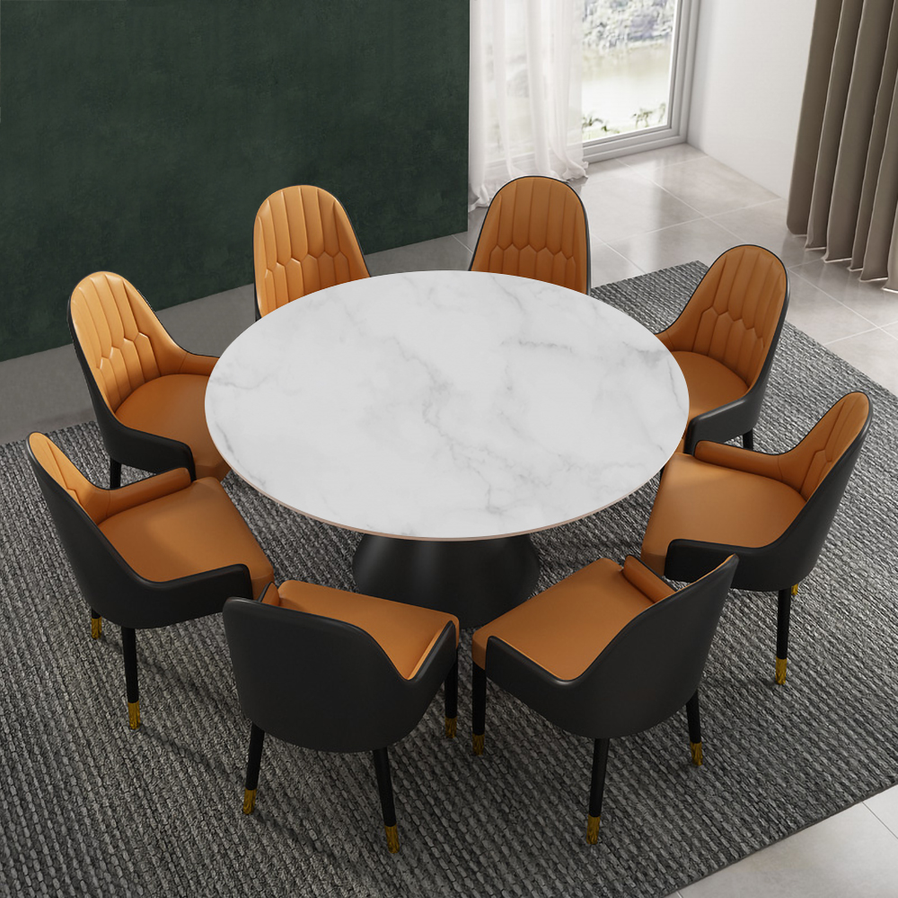 47.2" Round White Sintered Stone Dining Table Black Carbon Steel Base