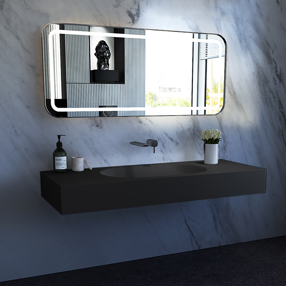 

40" Wall Mount Stone Resin Rectangle Bathroom Oval Inner Sink in Matte Black