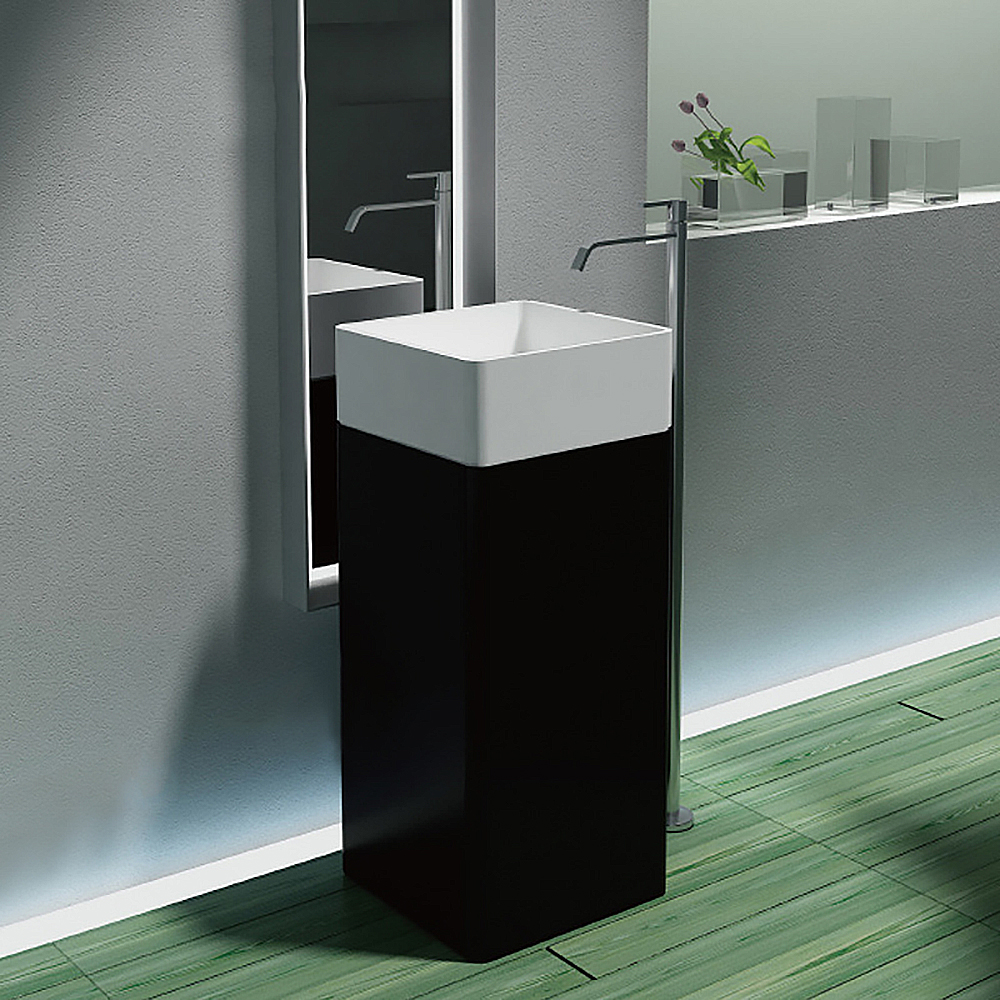 35" Tall Black & White Stone Resin Cube Pedestal Bathroom Sink