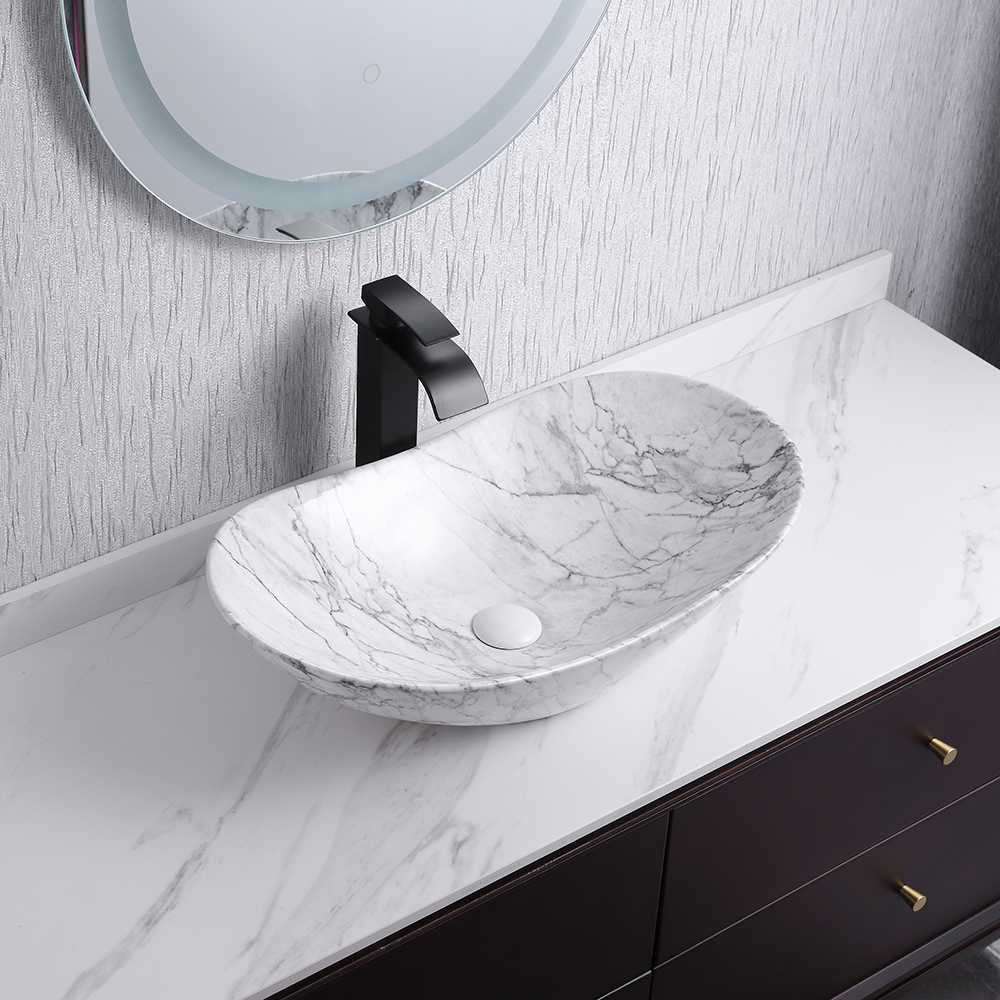 Image of Ceramic Vessel Bathroom Wash Sink Boat Shaped Marble Pattern