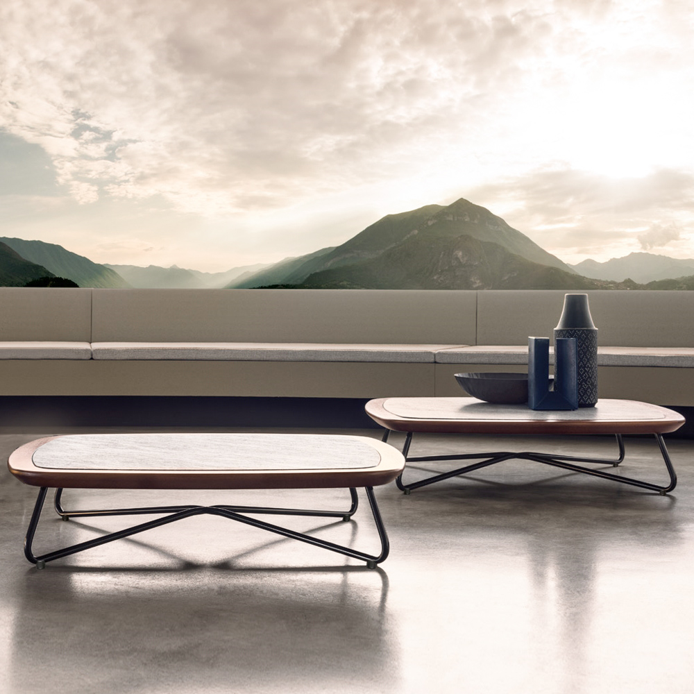 Patio Coffee Table Marble-Wood Tabletop Cross Base