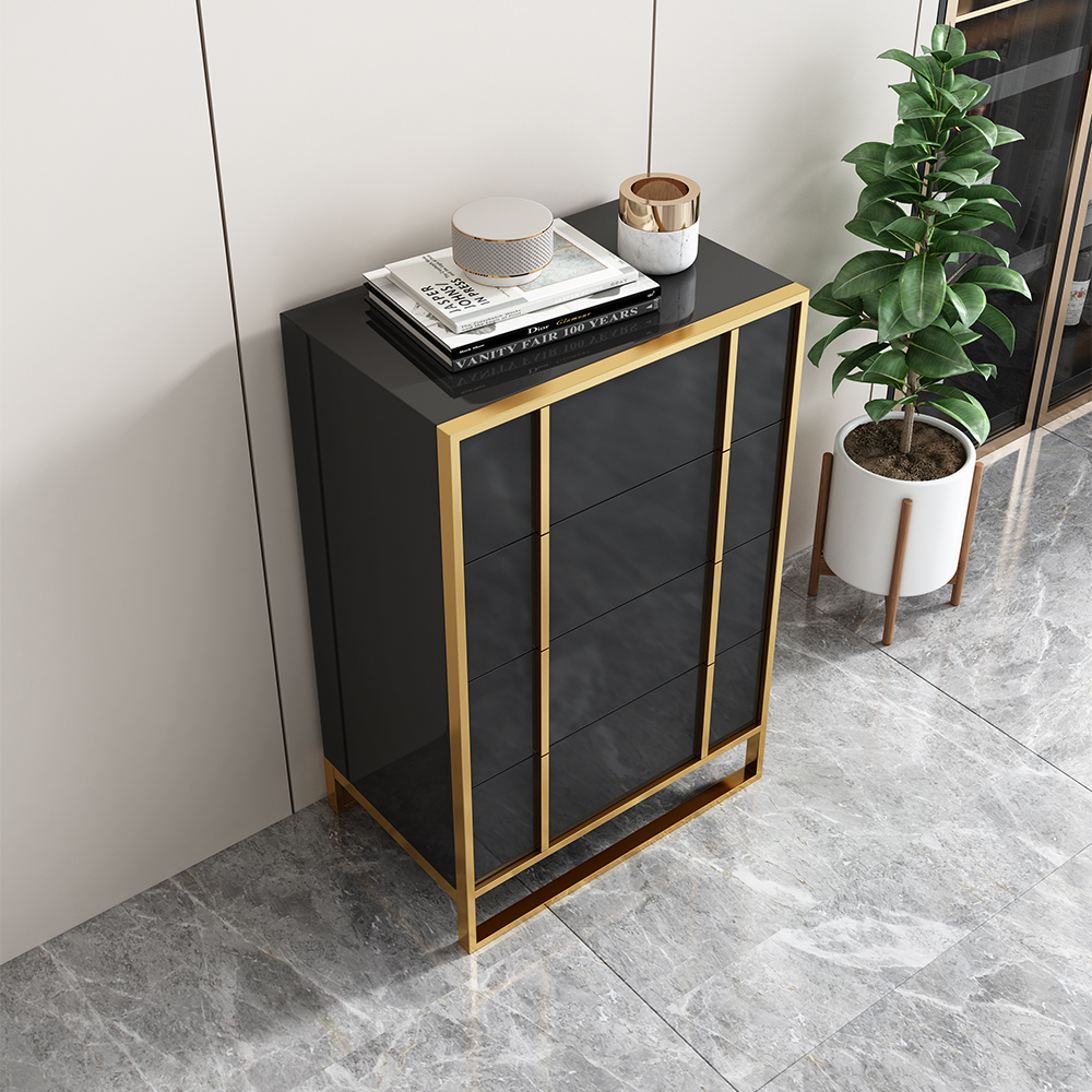 Modern Black & Gold Wooden Chest of 4 Drawers with Stainless Steel Legs