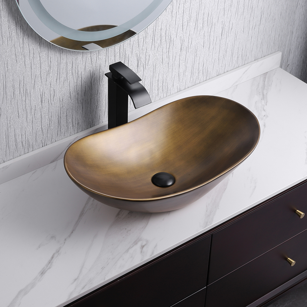 Gold Ceramic Vessel Bathroom Wash Sink Boat Shaped