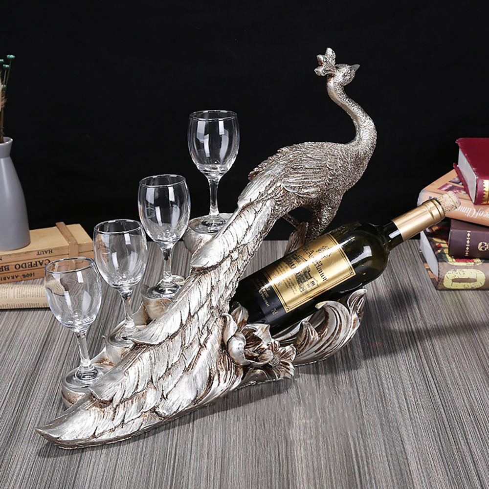 Modern Peacock Wine Glass Rack Tabletop Wine Bottle Holder in Antique Silver