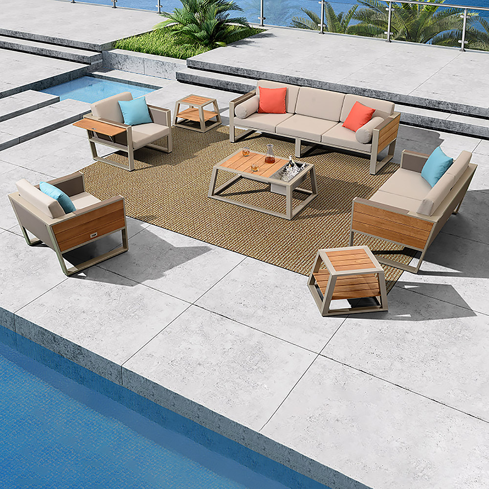 

7-Piece Outdoor Conversation Set with Armchair LoveSeats and Teak Tabletop