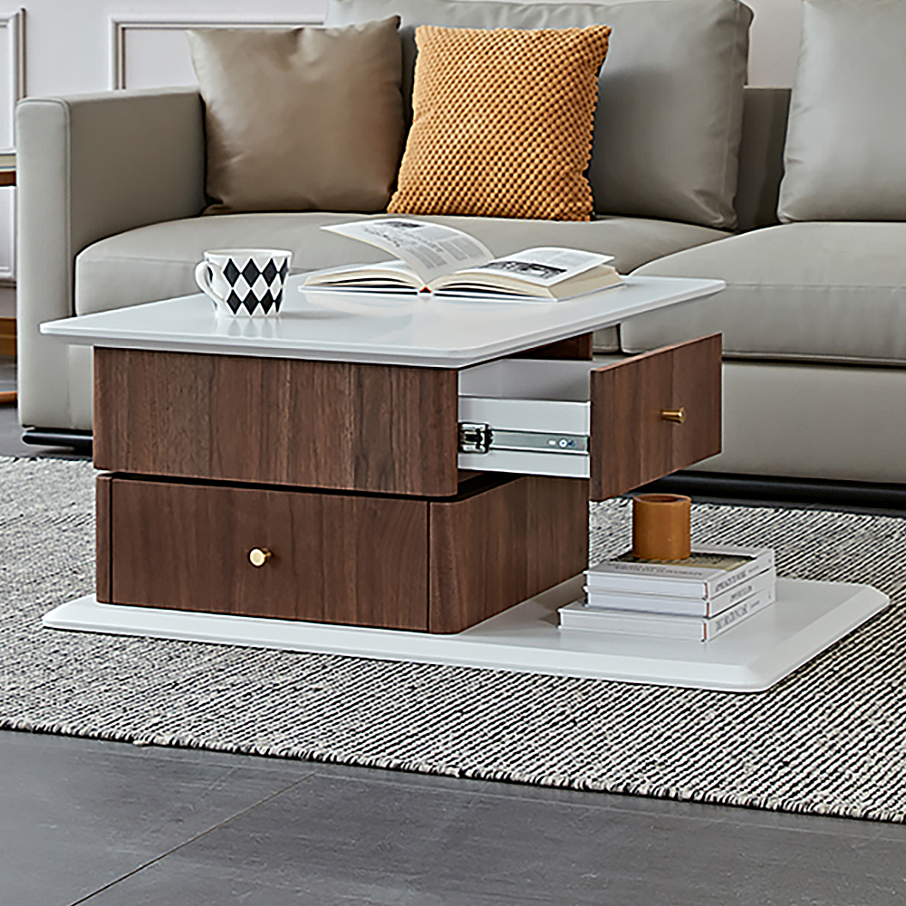 

Modern White & Walnut Wood Coffee Table with 360° Rotating Top & 2 Storage Drawers