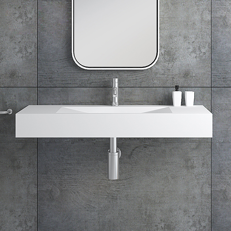 Image of Matte White Wall-Mount Floating Sink Solid Surface Stone Resin Bathroom V-Shaped Sink