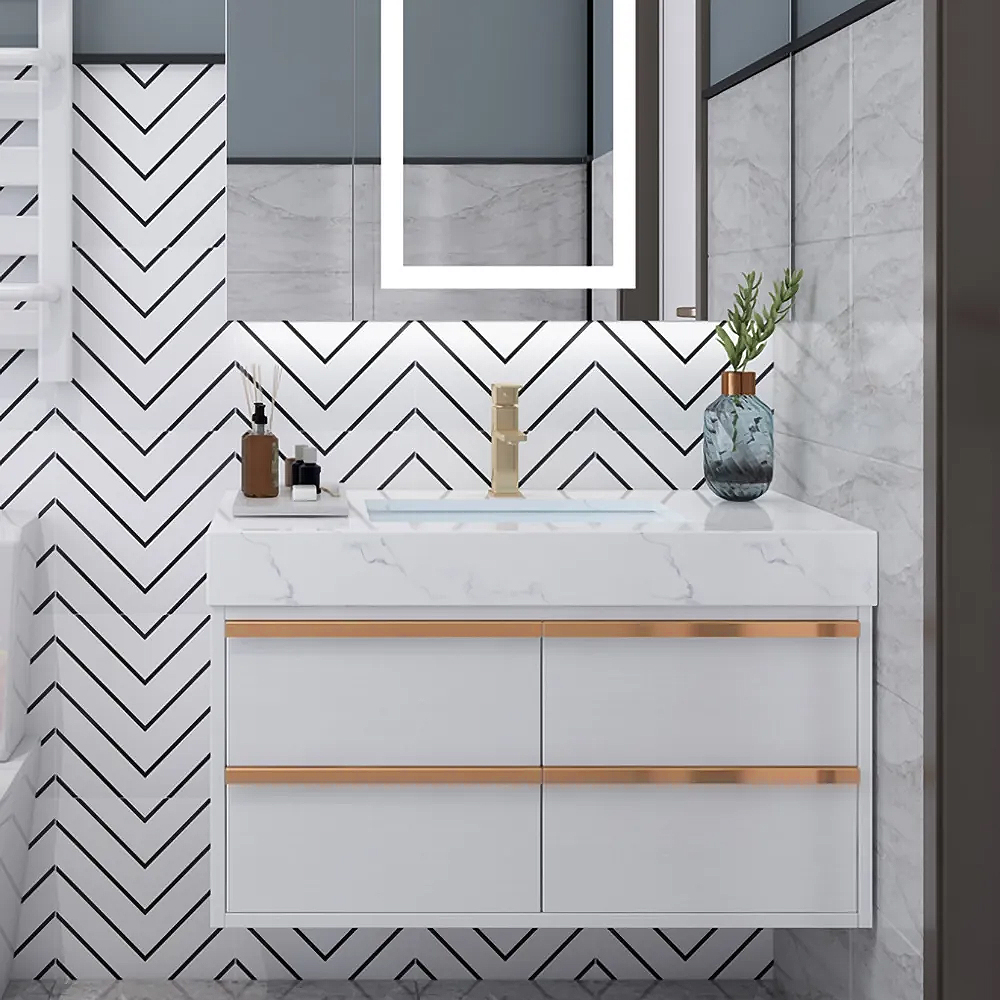 

39" White Wall-Mounted Bathroom Vanity Cabinet Faux Marble Counter & Sink Gold Pull