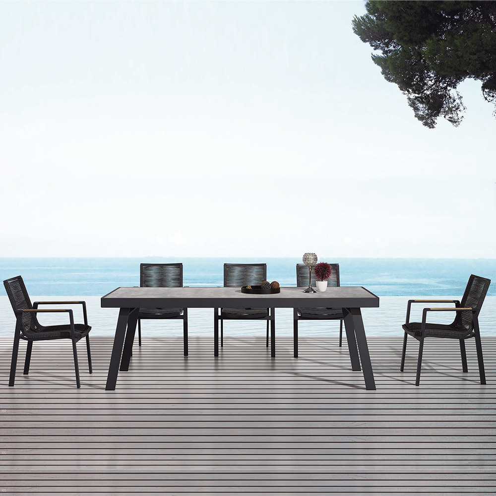 

7-Pieces Modern Outdoor Dining Set Glass-top Dining Table and Webbing Chair in Black