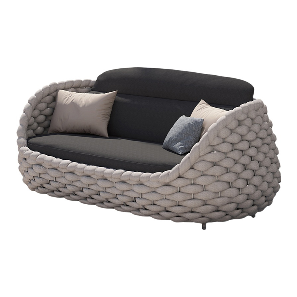 3 Seater Modern Woven Textilene Rope Outdoor Sofa with Removable Cushion Pillow in Gray