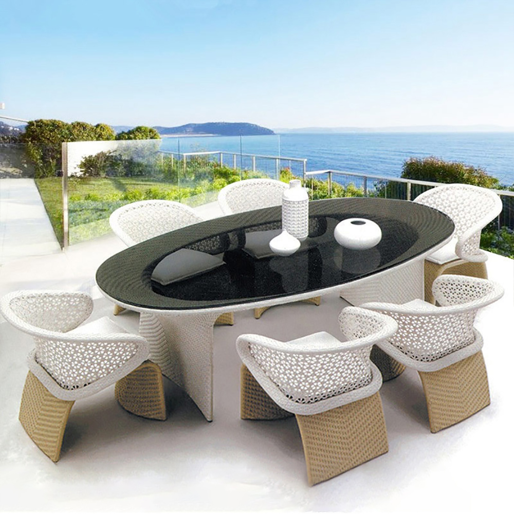 7 Pieces Modern Aluminium Outdoor Dining Set with Oval Glass Table and Rattan Armchair