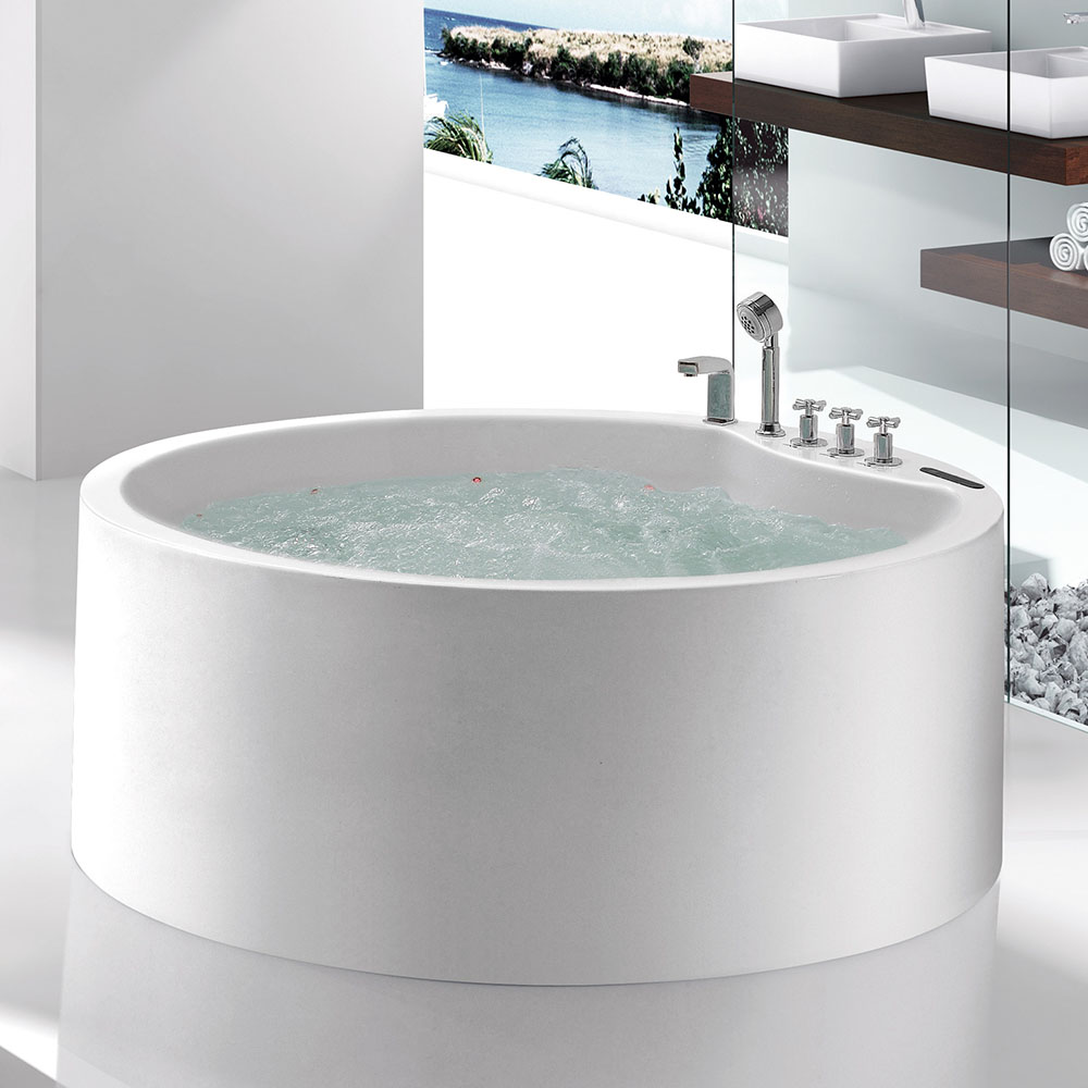 

60" LED Acrylic Round Whirlpool Water Massage Freestanding Bathtub in White