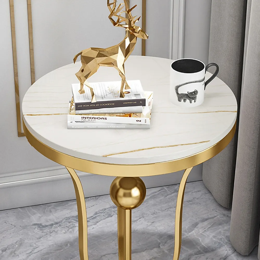 450mm White Round End Table Modern Side Table with Stream-Lined Metal Pedestal