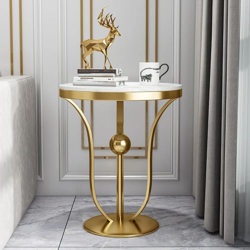 450mm White Round End Table Modern Side Table with Stream-Lined Metal Pedestal