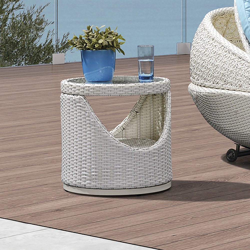 

Barrel-Shaped Rattan Woven Round Patio Side Table with Glass-Top