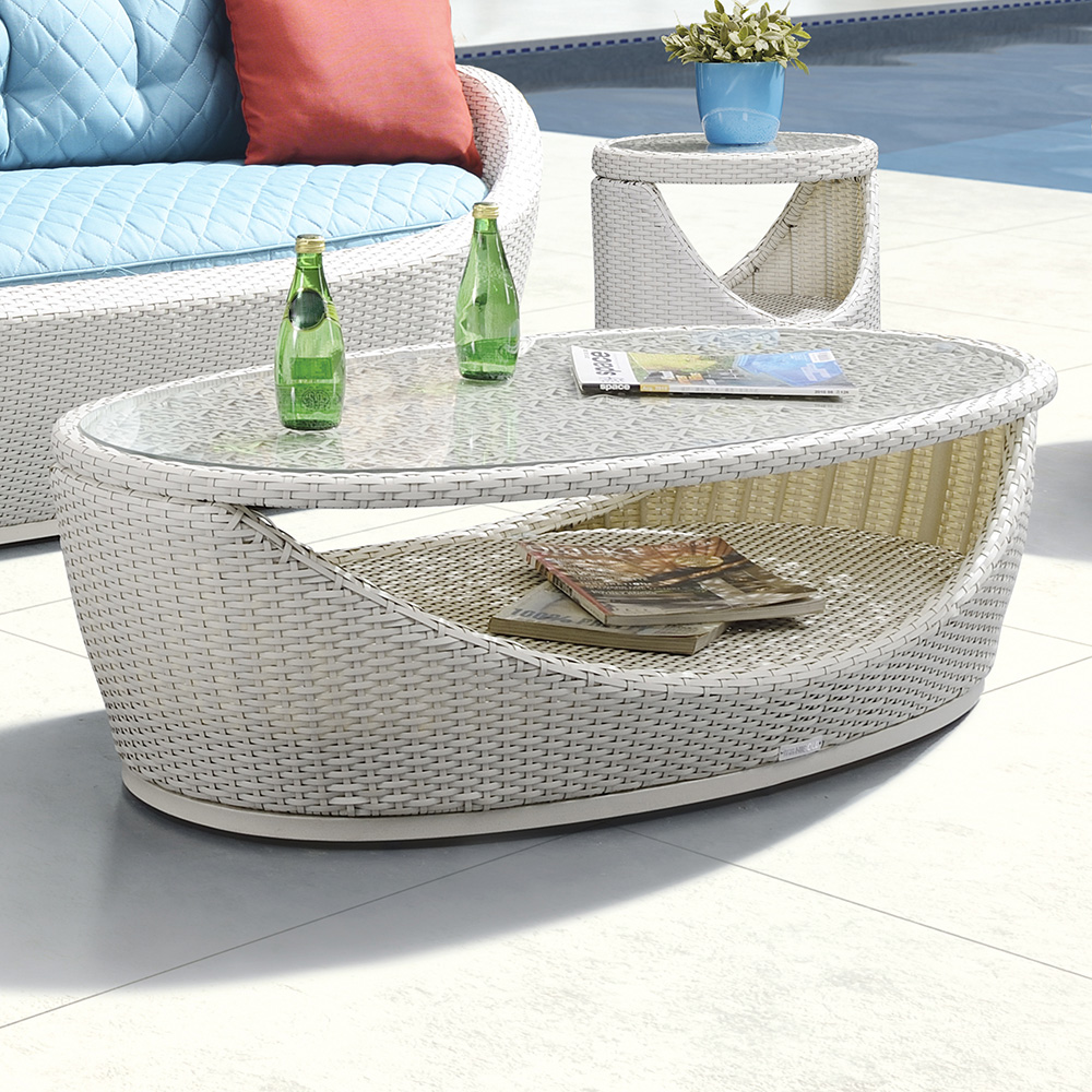 Image of Barrel-Shaped Oval Outdoor Coffee Table with Rattan Woven Glass-Top