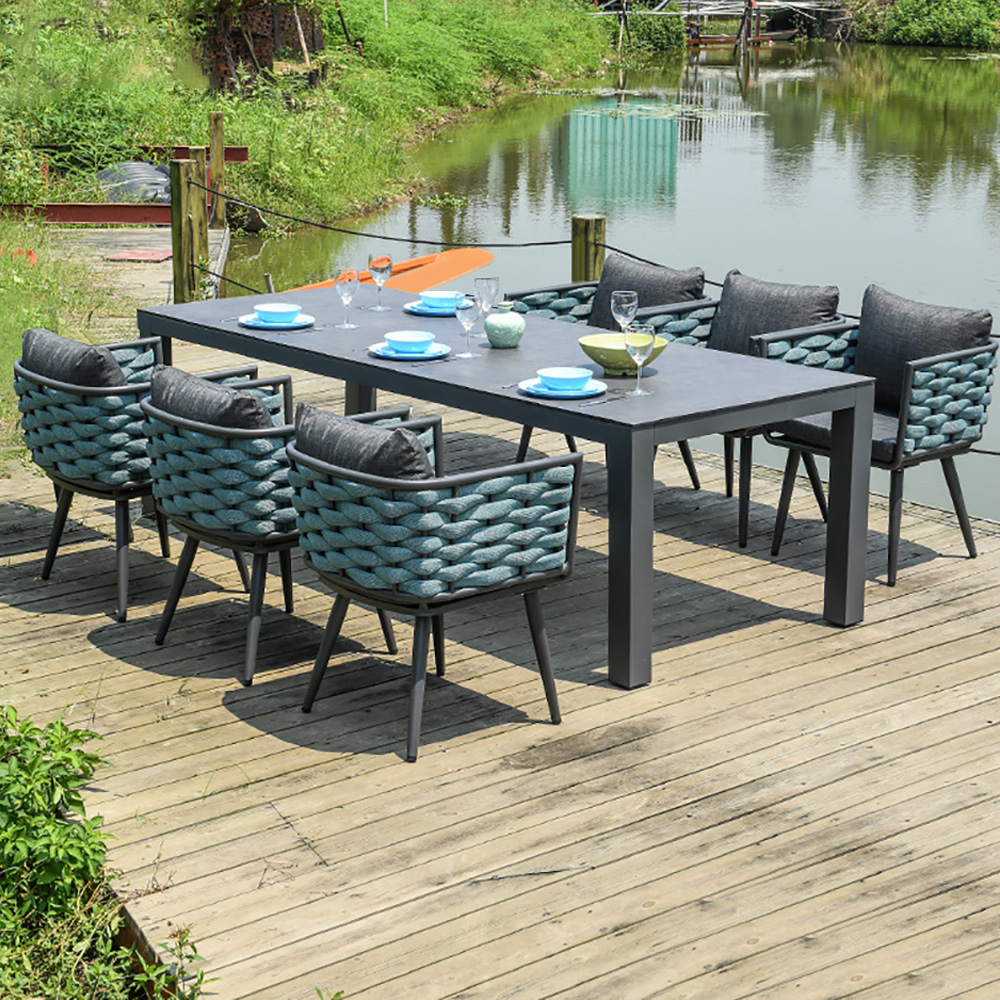 

7-Pieces Aluminum Outdoor Dining Set with Webbing Chairs and 4 Legs Dining Table