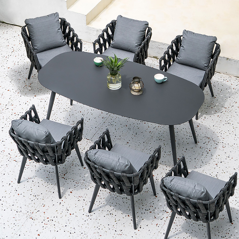7-pieces Outdoor Dining Set With Aluminum Frame And Rope Woven Armchair