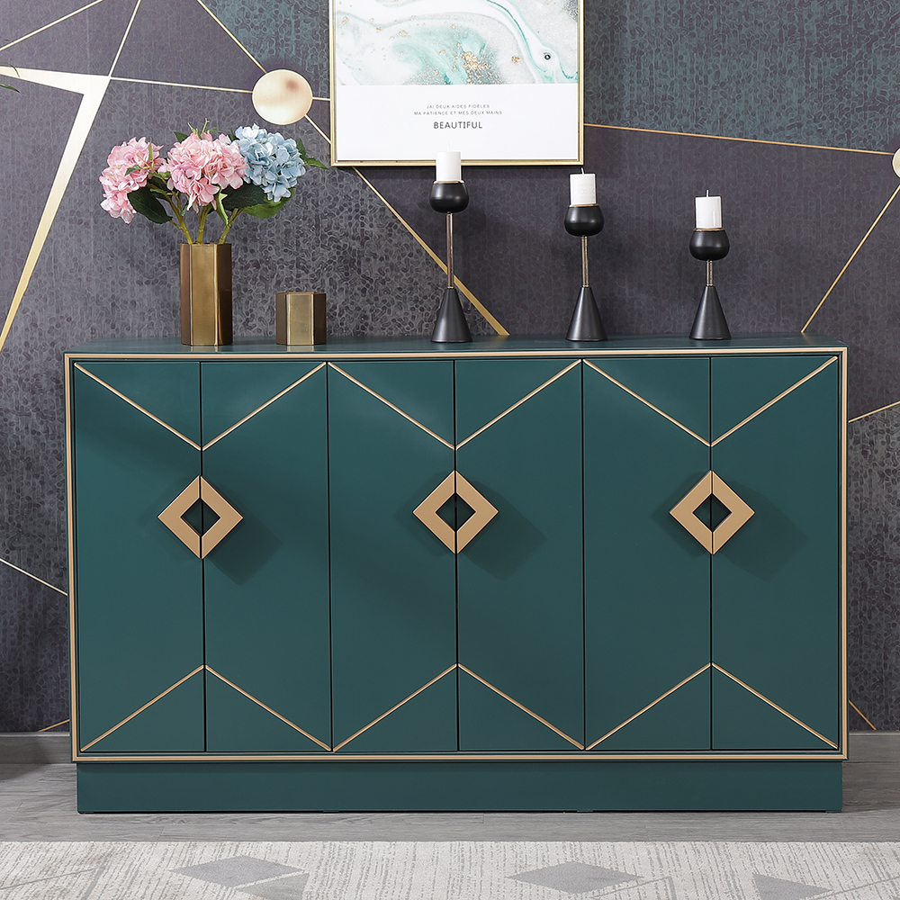 

Modern Green Sideboard Solid Wood 59" Buffet 6 Doors Triangular Metal Pulls