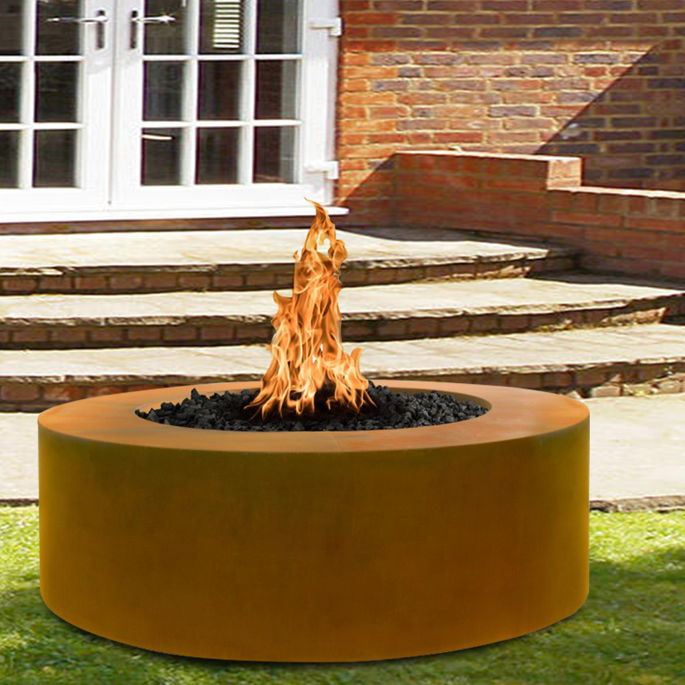 36" Low Round Corten Steel Propane Fire Pit for Outdoor 