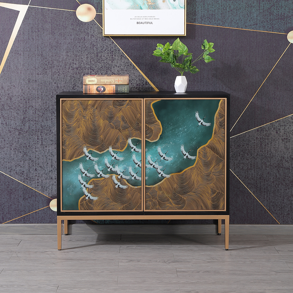

Modern Black Buffet 2 Stained Glass Doors Accent Sideboard Gold Finish
