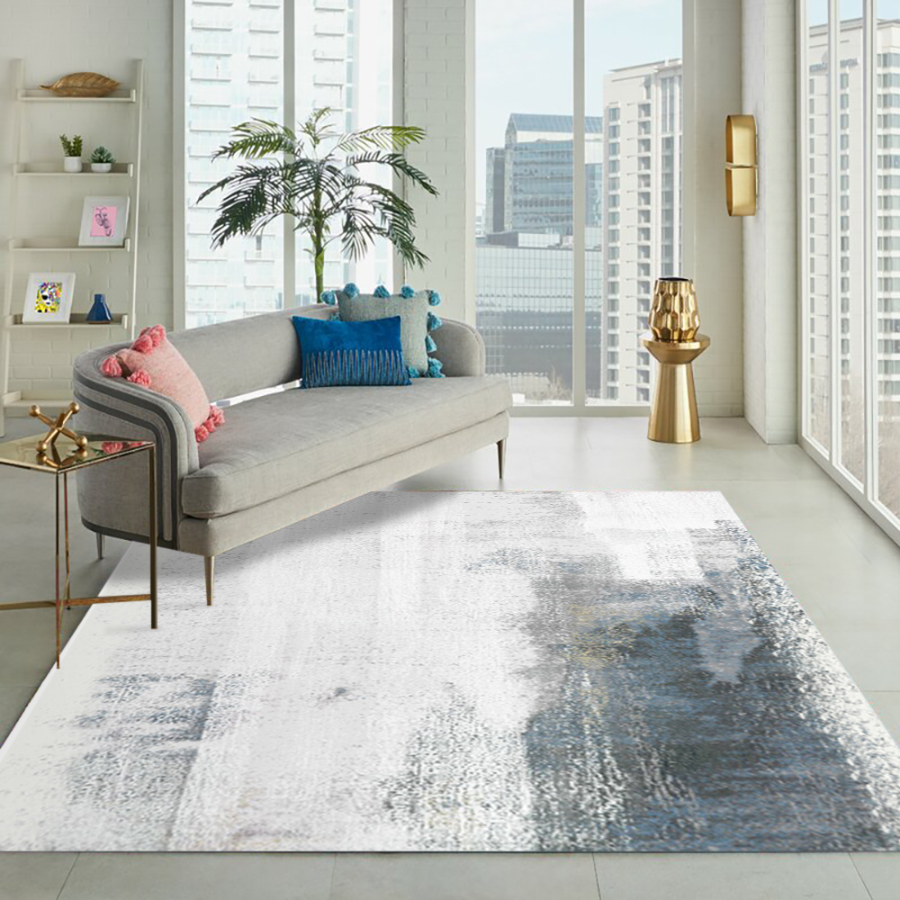 6' × 9' Modern Abstract Ink Painting Gray & Ink Blue Rectangle Area Rug