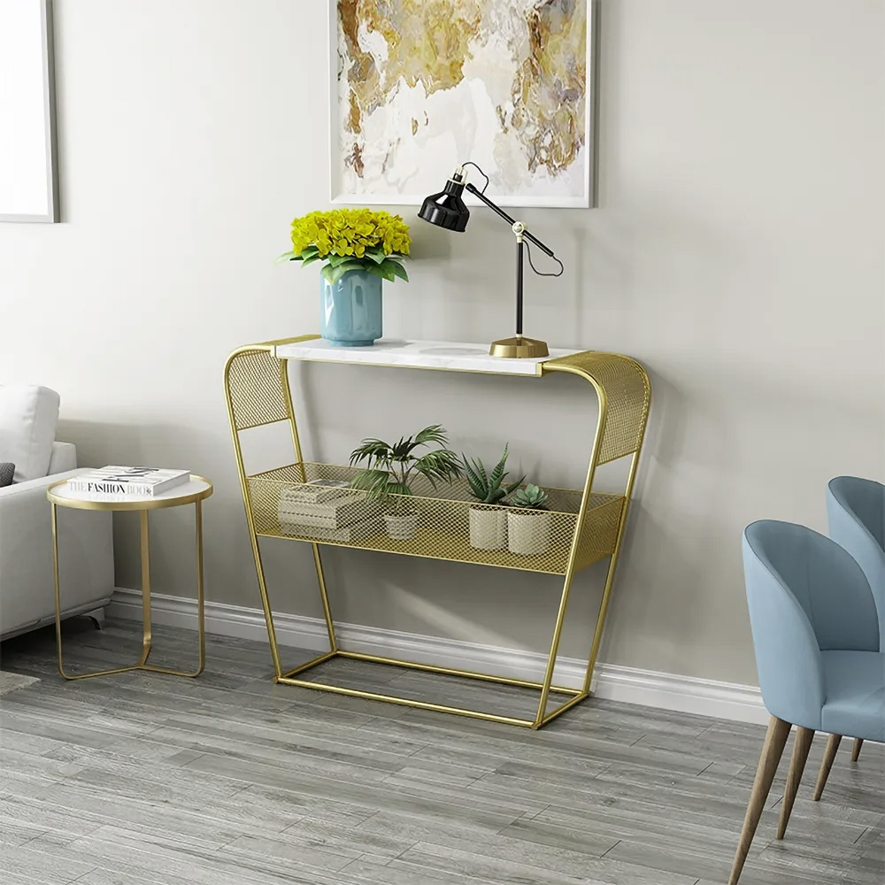 

White Modern Luxury Faux Marble Narrow Console Table with Shelf Rectangle Gold Finish