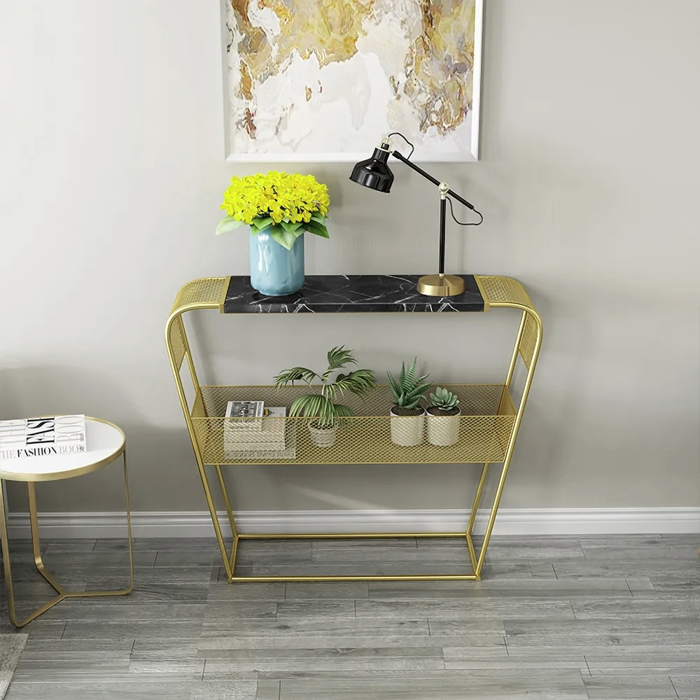 Black Modern Luxury Faux Marble Narrow Console Table with Shelf