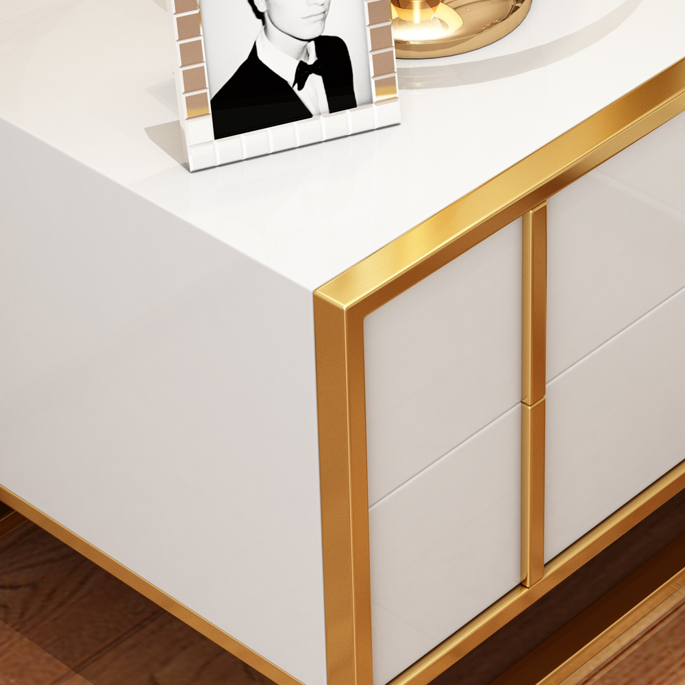 White Lacquer Bedroom Nightstand Stainless Steel in Gold