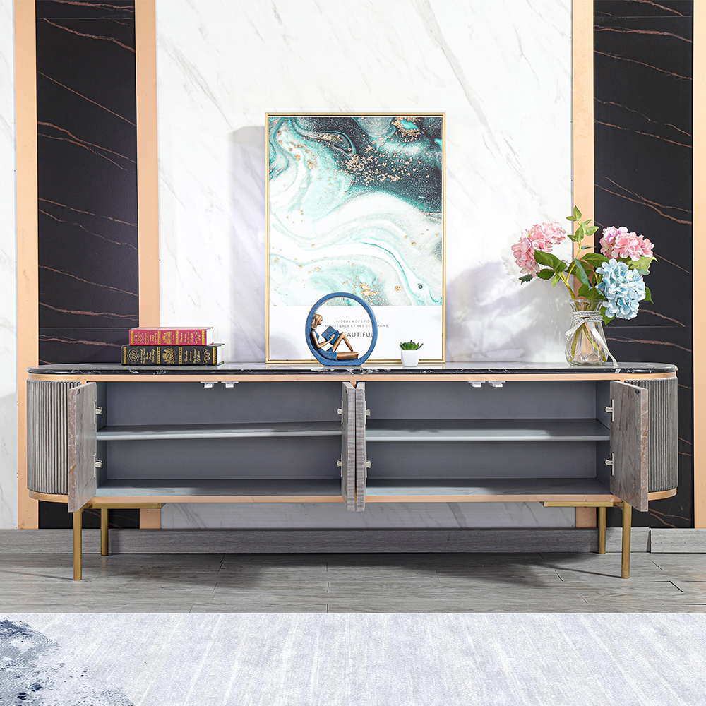 Contemporary Oval Gray TV Stand Faux Marble Top Media Console 4 Doors 2 Shelves