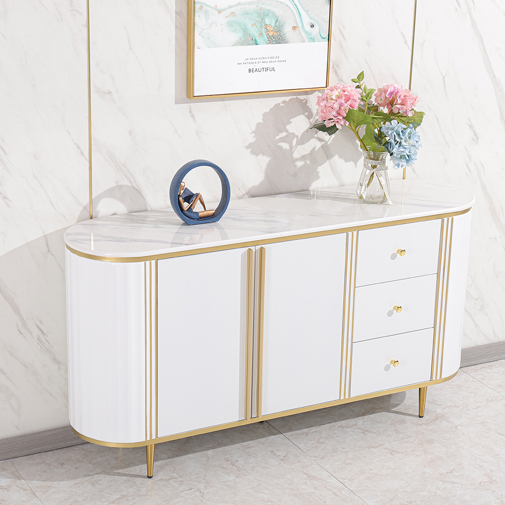 

Contemporary White Sideboard Faux Marble Top Buffet with Doors & Shelf & Drawers