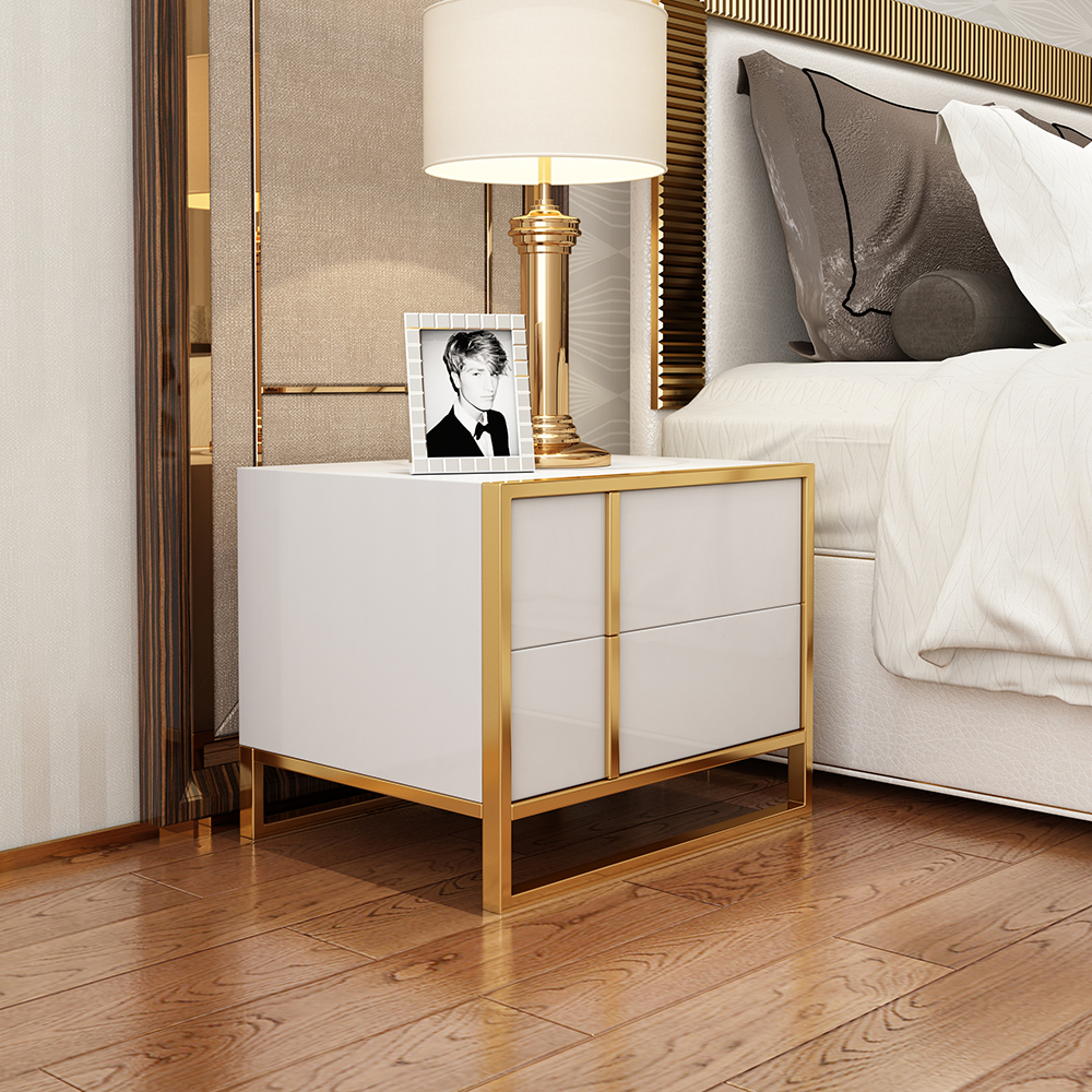White Lacquer Bedroom Nightstand Stainless Steel in Gold