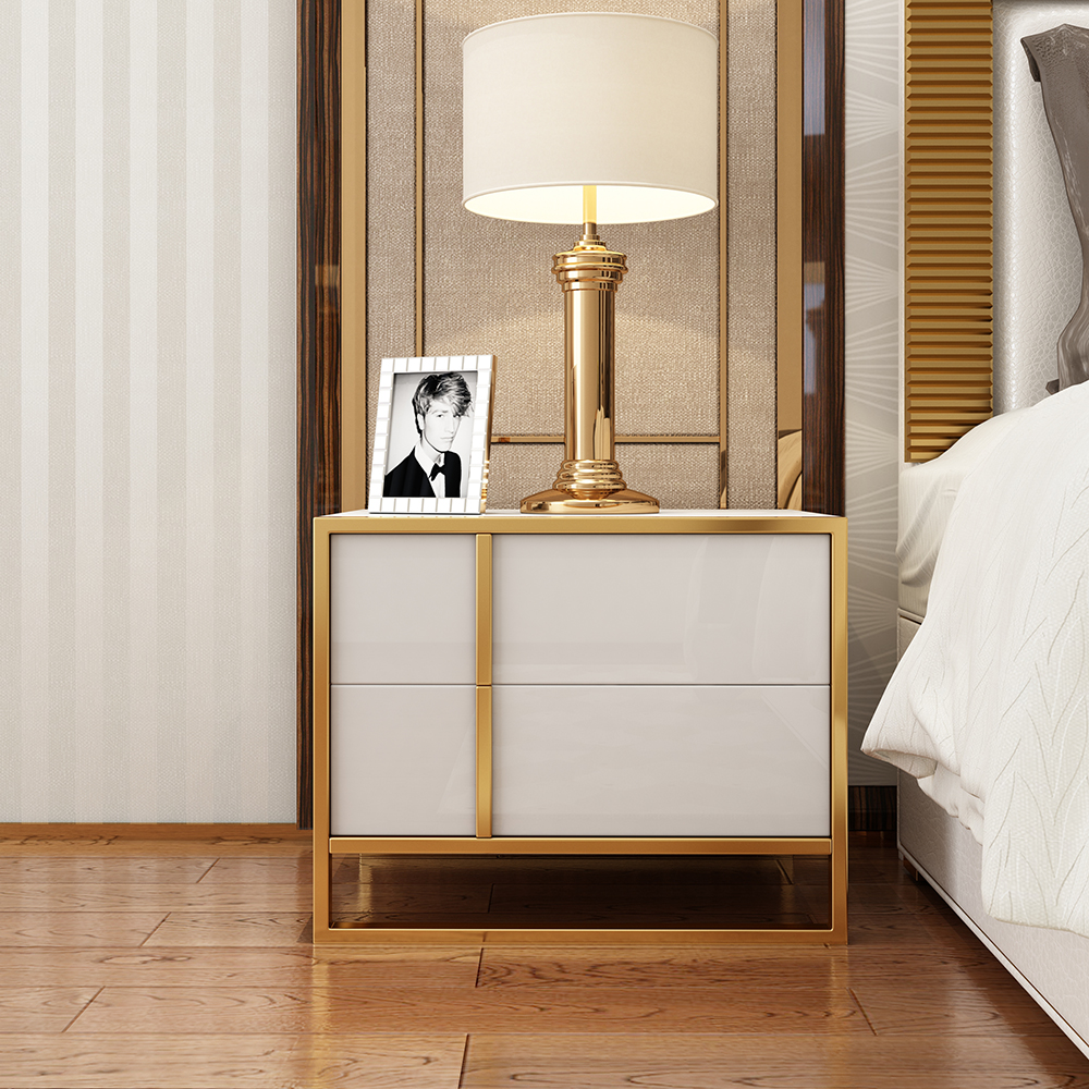 Rimh White Lacquer Bedside Table with 2 Drawers Stainless Steel in Gold