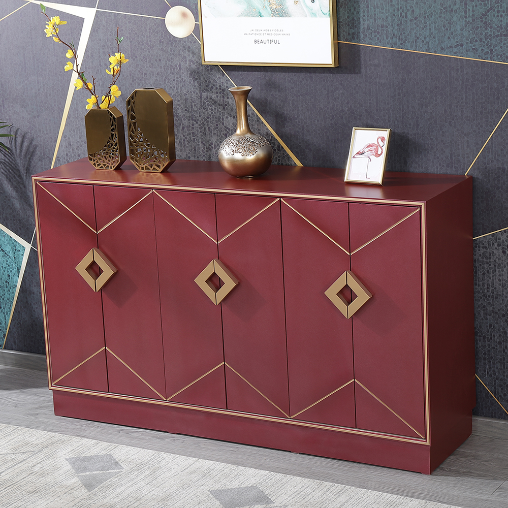 Modern Red Sideboard Solid Wood 1500mm Buffet 6 Doors Triangular Metal ...