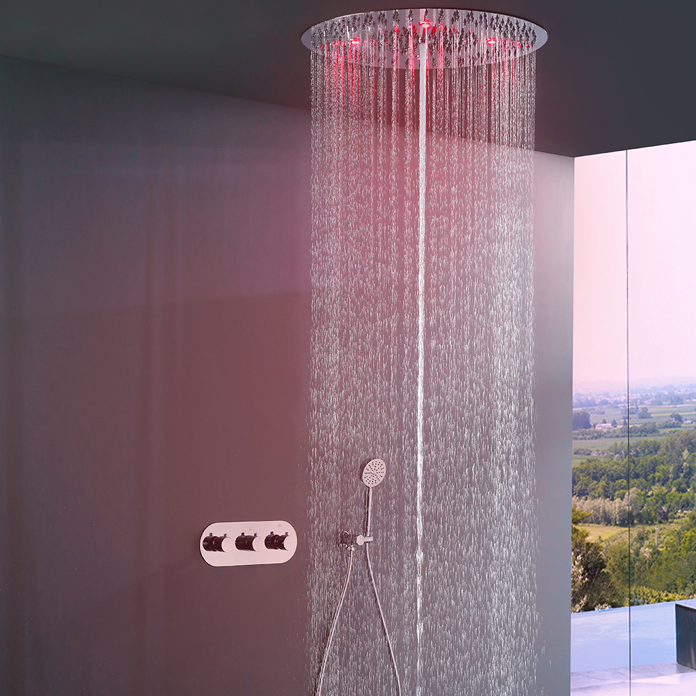 

23.62" Polished Chrome Round LED Shower Head Shower System 4 Function Thermostatic Valve