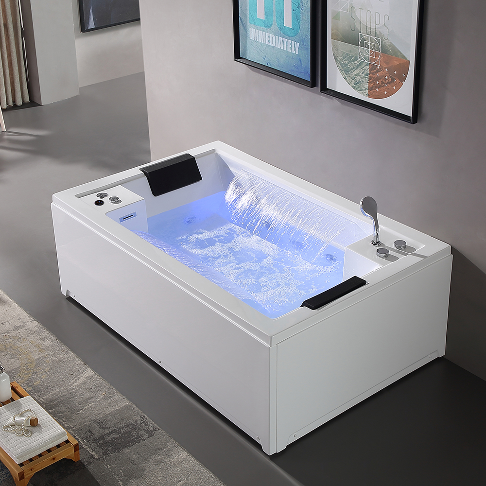 72" Rectangular Led Acrylic White Air Whirlpool Jetted & Two Side Waterfall Bathtub
