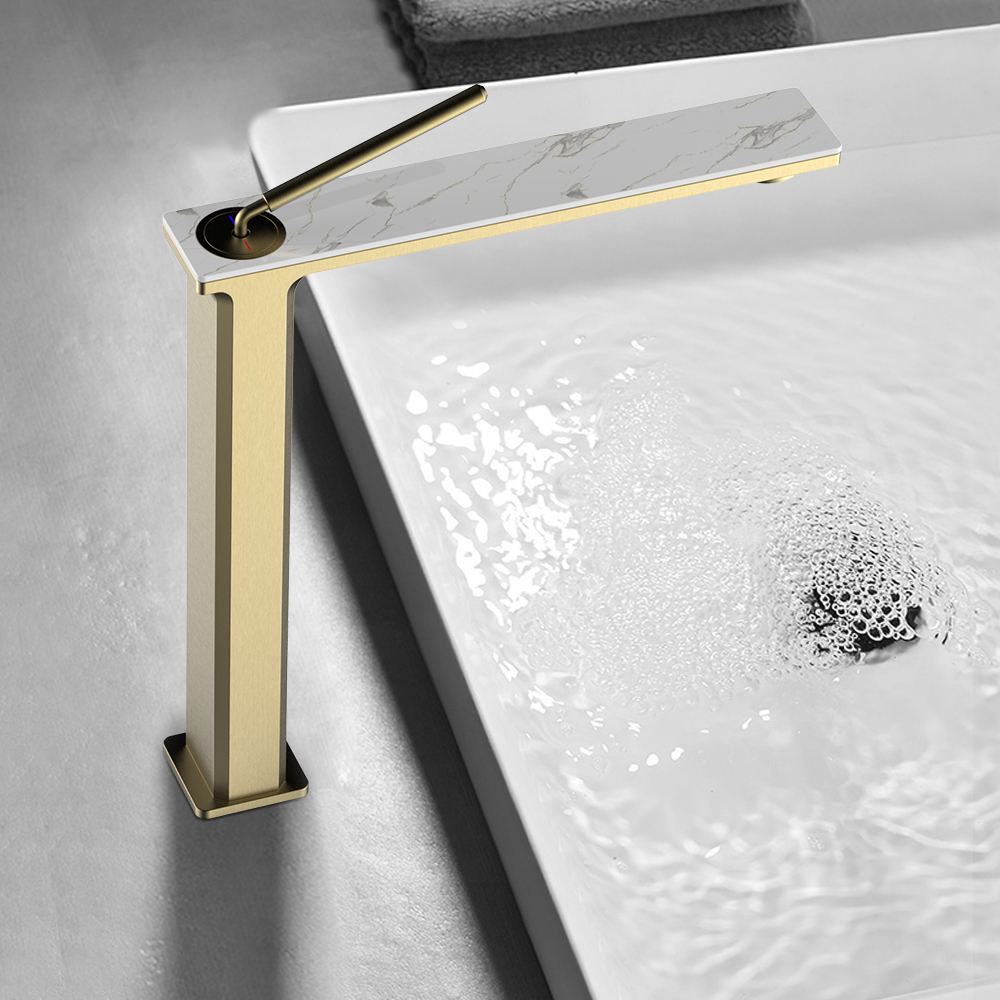 

Brushed Gold Single Handle Bathroom Vessel Faucet 1-Hole Solid Brass