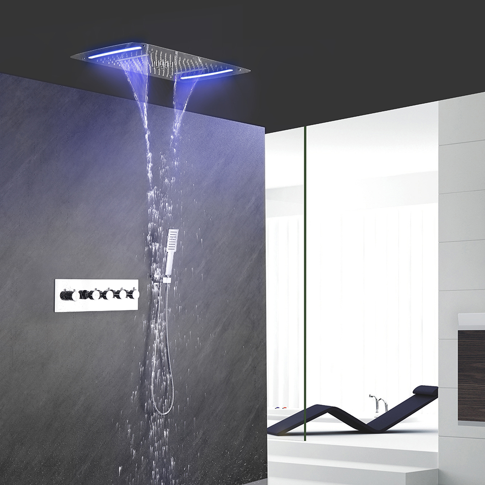 

3 Way Chrome LED Shower System&Hand Shower with Rough-in 4-Function Thermostatic Valve