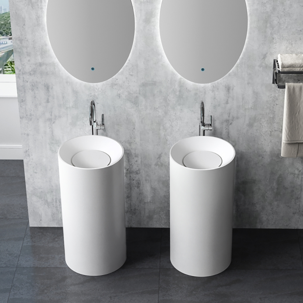 33" Tall White Stone Resin Cylindrical Pedestal Bathroom Sink Hand Wash Sink