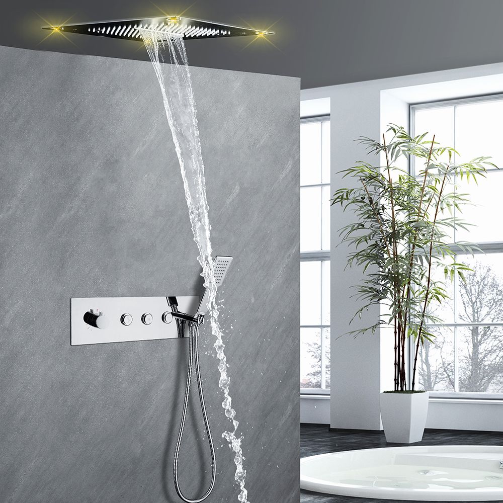 Modern Chrome LED 3-Function Shower System with Push Button Thermostatic Diverter
