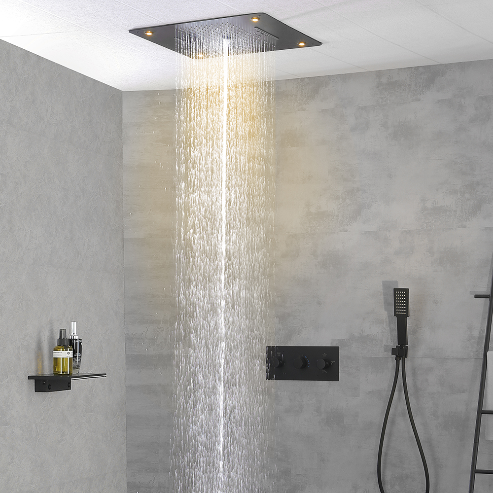Ceiling-mounted Matte Black Led Shower System With Hand Shower&thermostatic Diverter