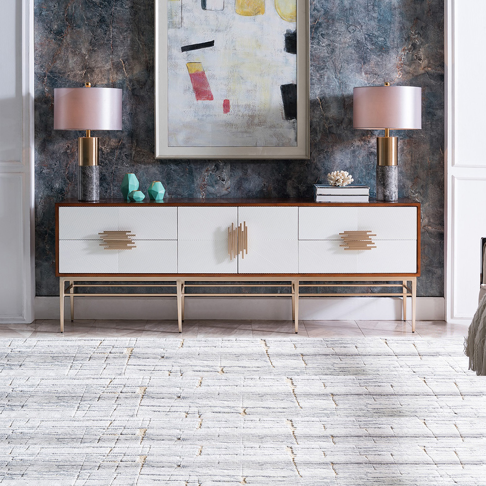 

White TV Stand Rectangular 4-Drawer 2-Door Media Console Gold Pulls