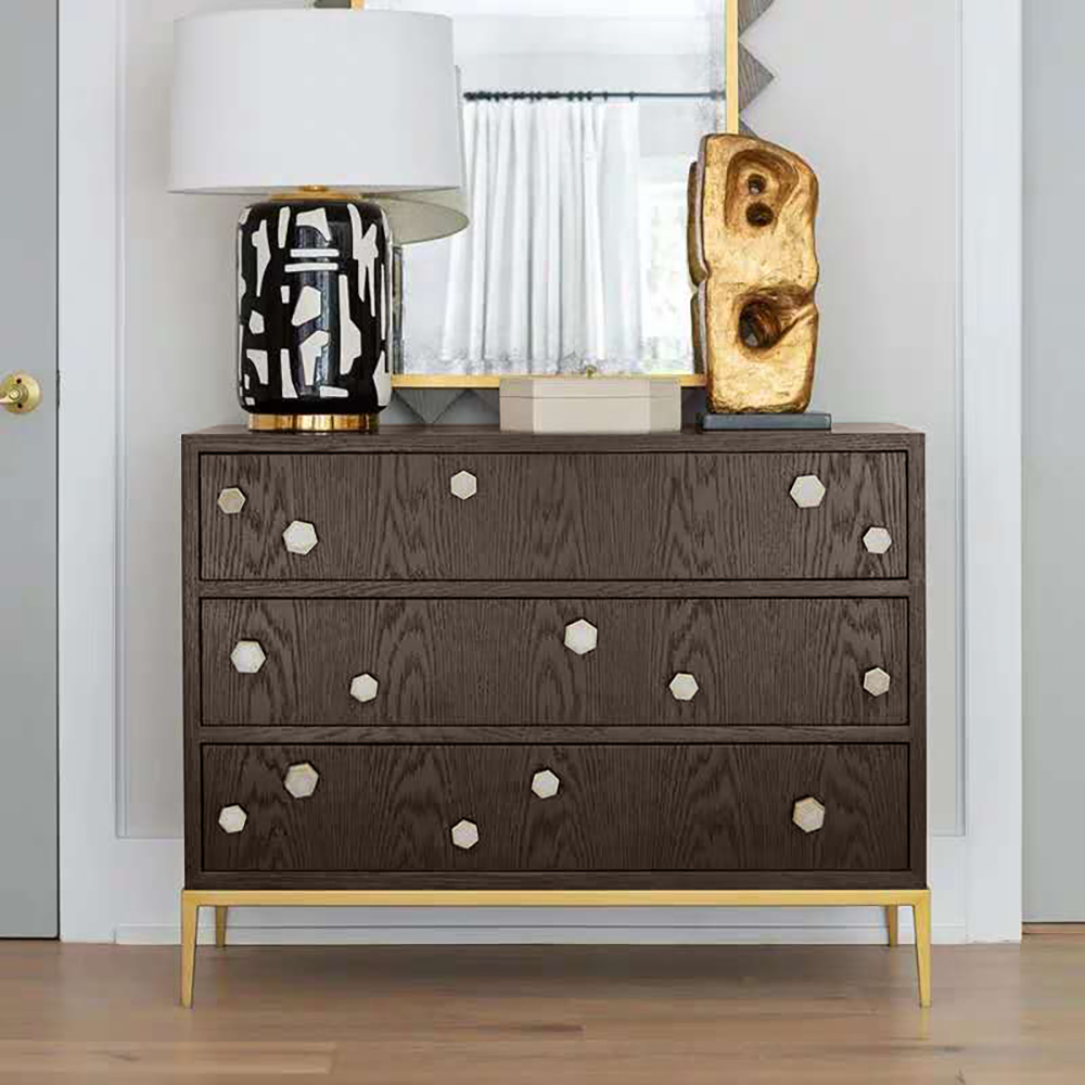 

47.2" Brown Chest 3-Drawer Accent Cabinet Hexagonal Shell Pulls Gold Finish