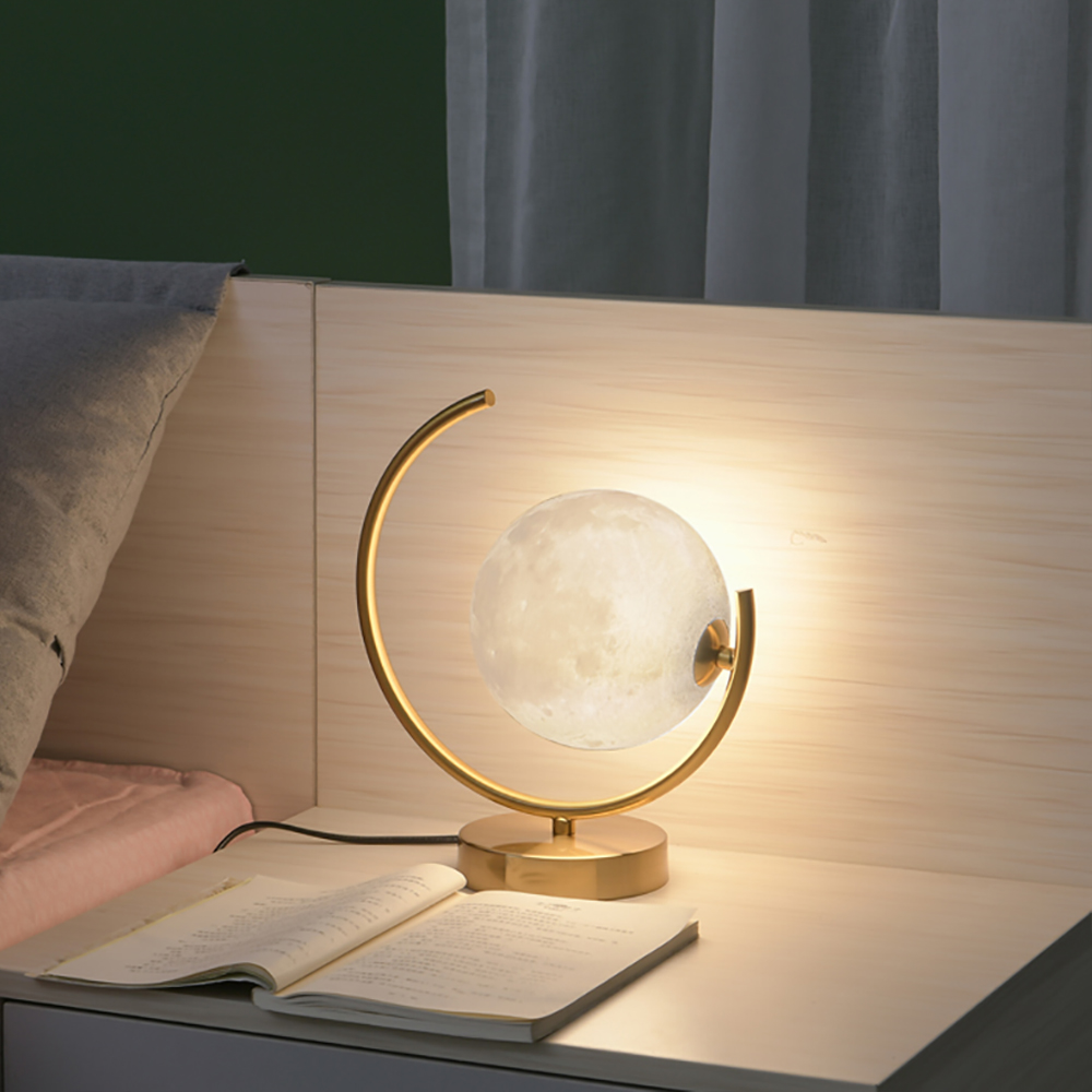 Modern 1-Light 3D Moon Table Lamp Semi-Ring Bracket