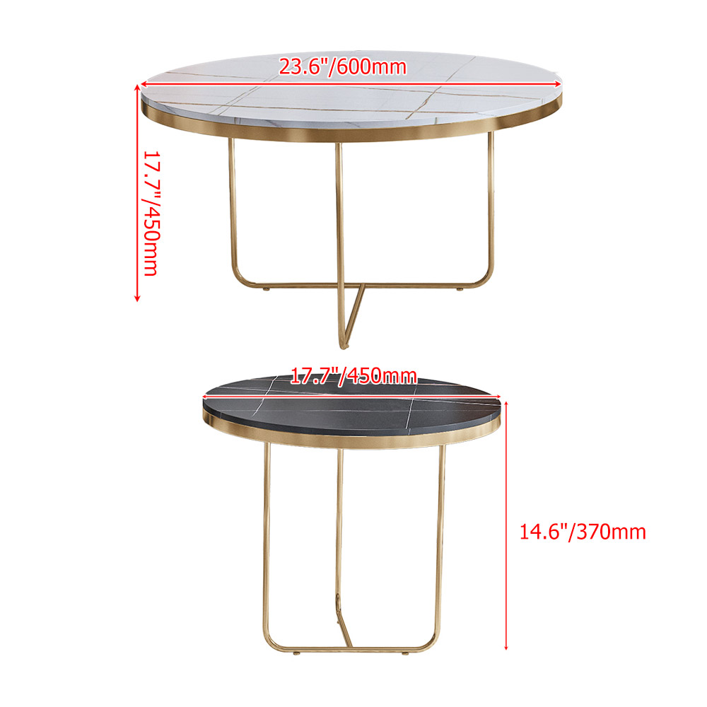 Modern Nesting Coffee Table Set 2-Piece Black and White Stone Top Gold Base