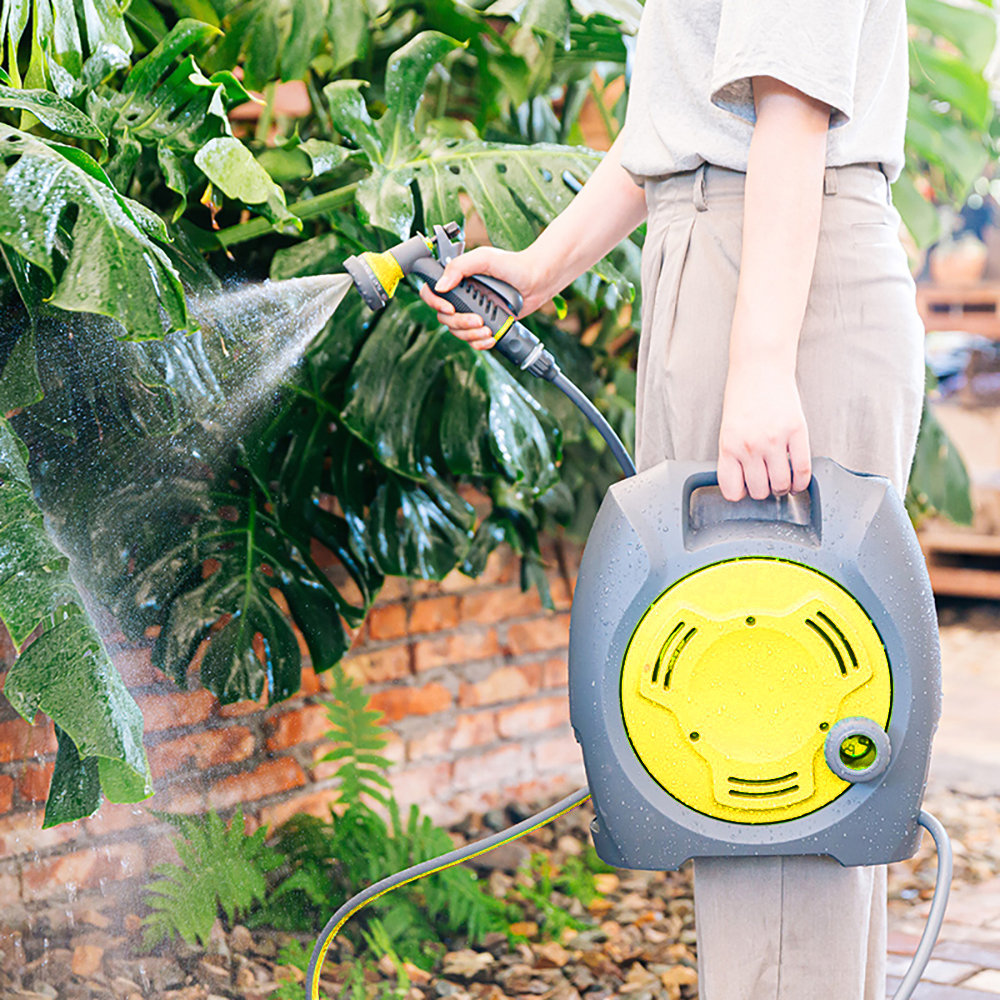 Yellow Portable Hose Reel Cart Mini Garden Sprayer Watering Gun With 7 Settings Mode