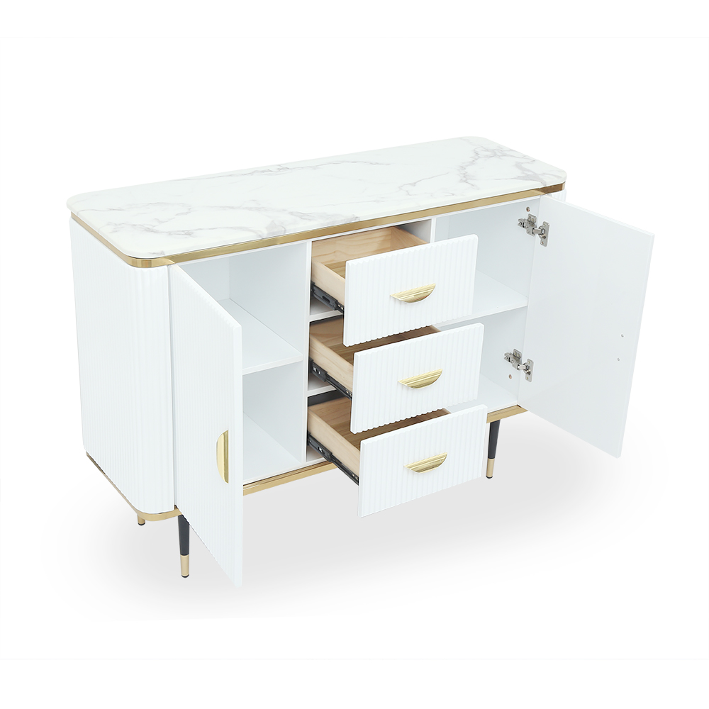 1200 mm Modernes Sideboard in Weiß mit 3 Schubladen und 2 Türen und Tischplatte aus Kunstmarmor in klein